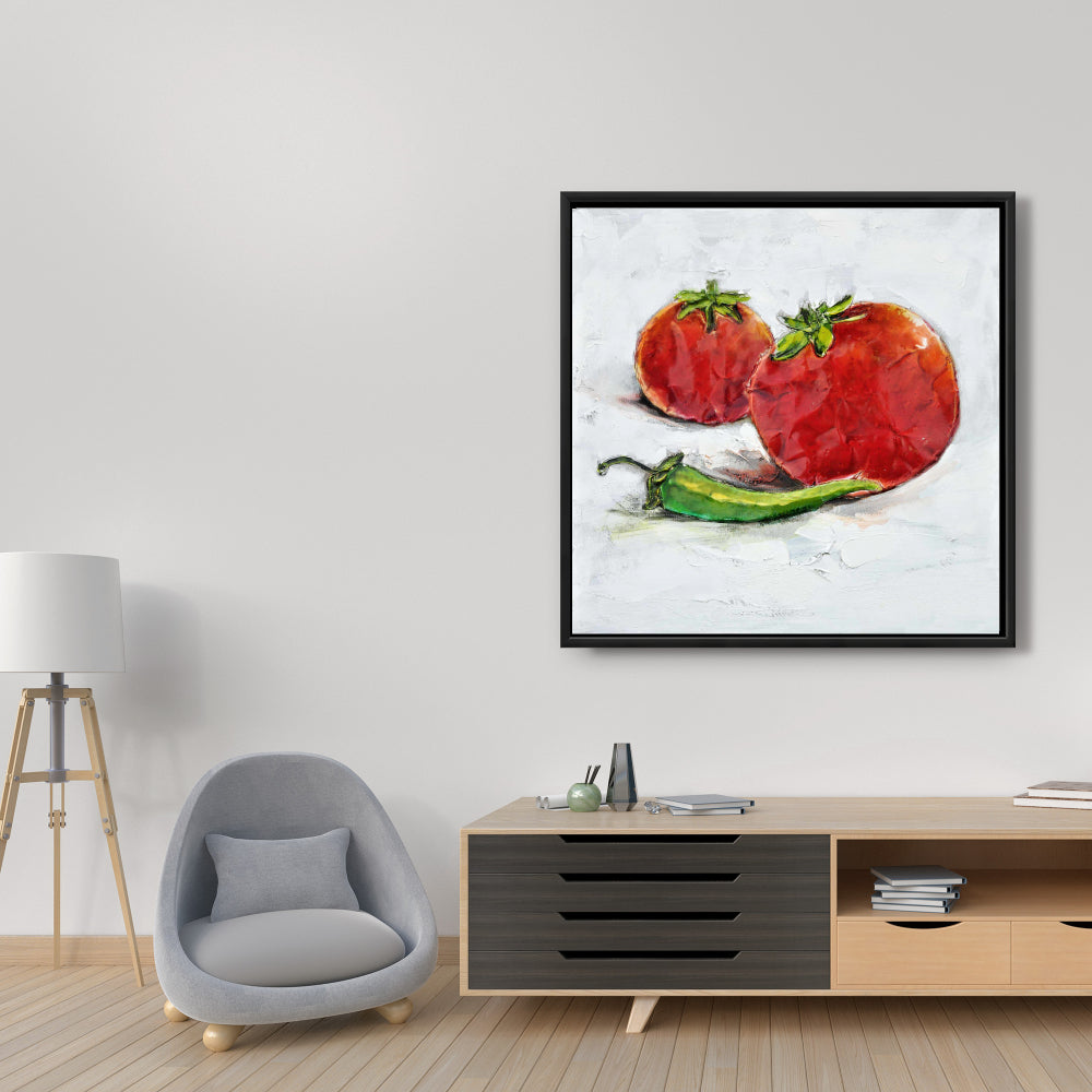 Toile de cuisine rouge « Tomates au jalapeño » – Décoration d'intérieur encadrée