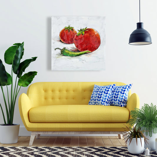 Red Gastronomy Kitchen Canvas | Tomatoes with Jalapeño Art