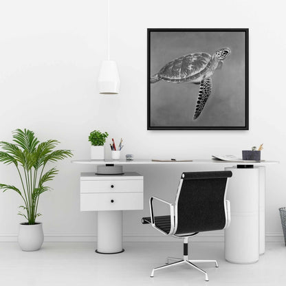 Toile Tortue aquatique en nuances de gris | Décoration d'intérieur avec cadre blanc