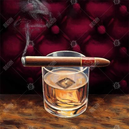 Toile encadrée Brown Gastronomie | Scotch sur glace avec décor de cigares