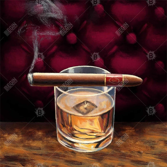 Toile encadrée Brown Gastronomie | Scotch sur glace avec décor de cigares