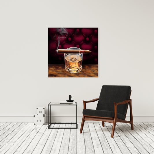 Brown Gastronomy Kitchen Canvas - Scotch on Ice with Cigar Art