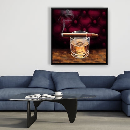 Toile encadrée Brown Gastronomie | Scotch sur glace avec décor de cigares