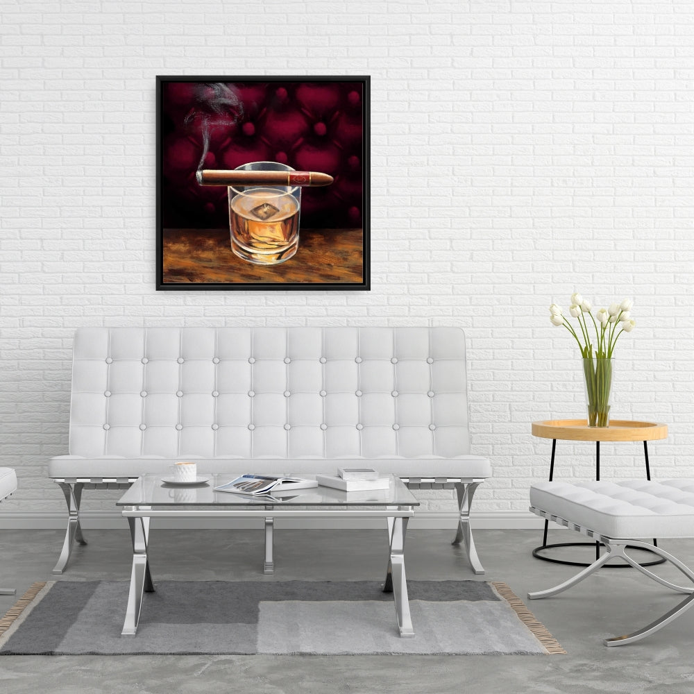 Toile encadrée Brown Gastronomie | Scotch sur glace avec décor de cigares