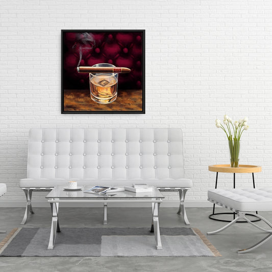 Brown Gastronomy Framed Canvas | Scotch on Ice with Cigar Decor