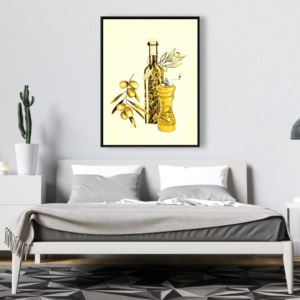 Toile de cuisine jaune | Huile d'olive et poivre | Décoration d'intérieur