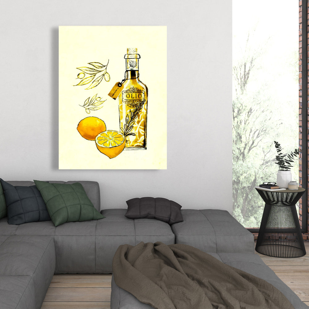 Olive Oil & Lemons Canvas | Illustrative Home Decor Art