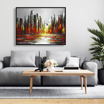 Abstract Red Skyline Canvas | Gray Frame Wall Art Decor