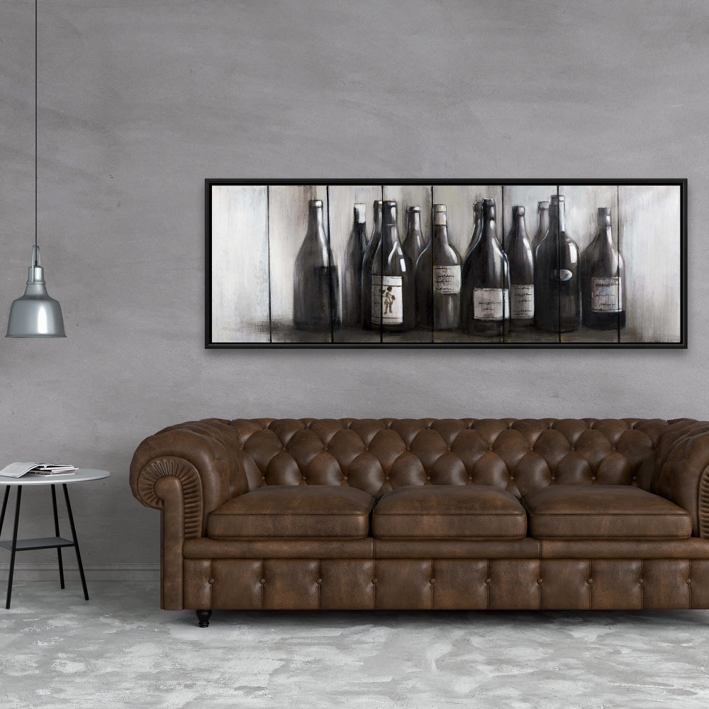 Toile de cuisine marron moderne - Décor bouteilles de vin sur bois