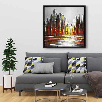Toile abstraite Skyline rouge | Décoration murale avec cadre gris