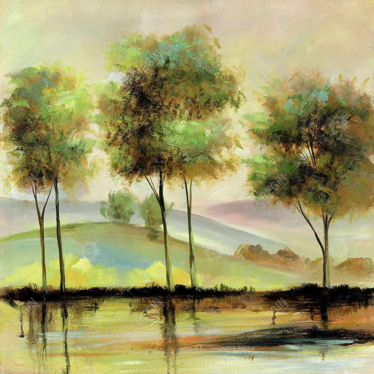 Trees Near the Lake Canvas | Contemporary Green Wall Art