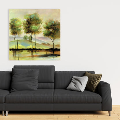 Trees Near the Lake Canvas | Contemporary Green Wall Art