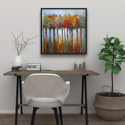 Toile encadrée avec feuilles et arbres colorés - Décoration de chambre