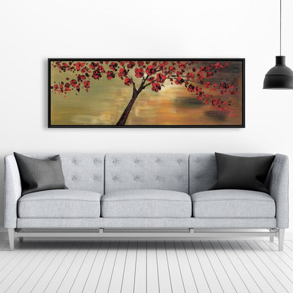 Red Flowers Tree Canvas | Brown Framed Bedroom Wall Decor
