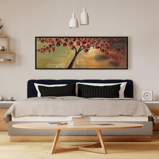 Red Flowers Tree Canvas | Brown Framed Bedroom Wall Decor