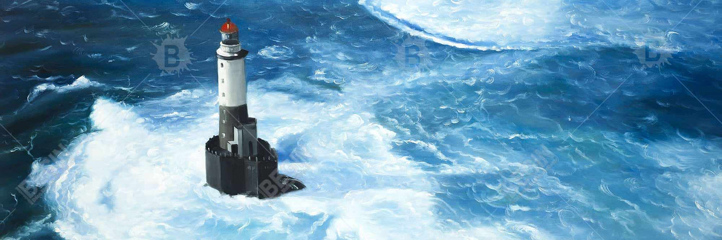 Unleashed Waves on a Lighthouse | Marine Blue Coastal Canvas