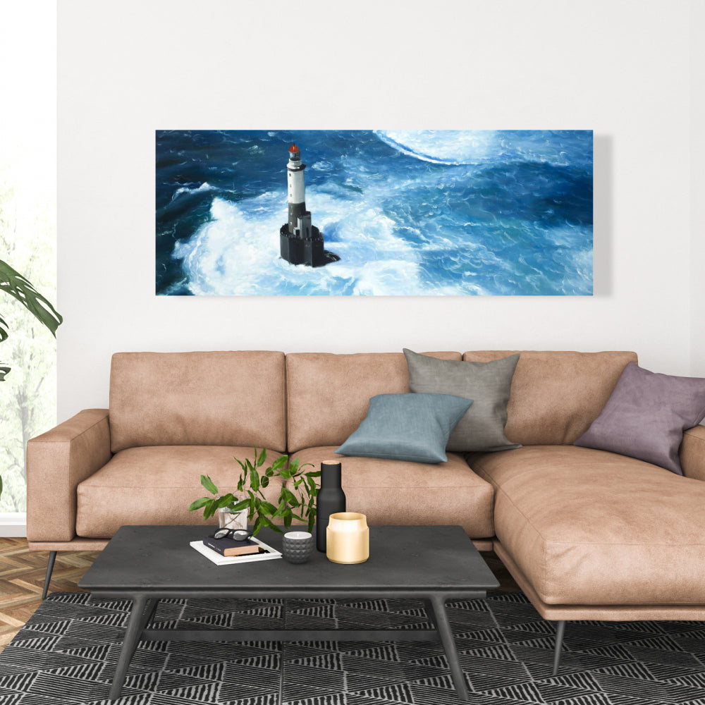 Unleashed Waves on a Lighthouse | Marine Blue Coastal Canvas