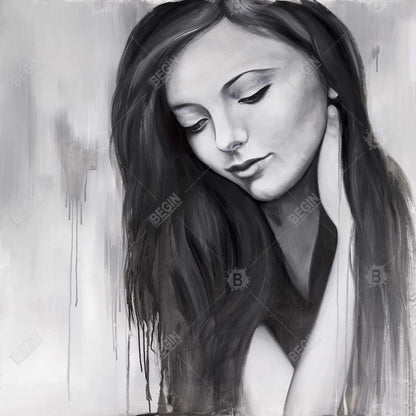 Realistic Woman Portrait - Monochrome Framed Canvas Decor