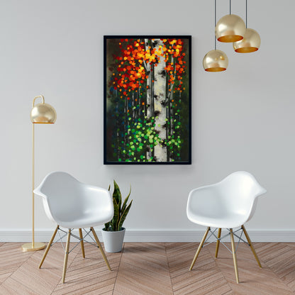 Birch Two-Tone Leaves | Green Framed Canvas for Home Decor