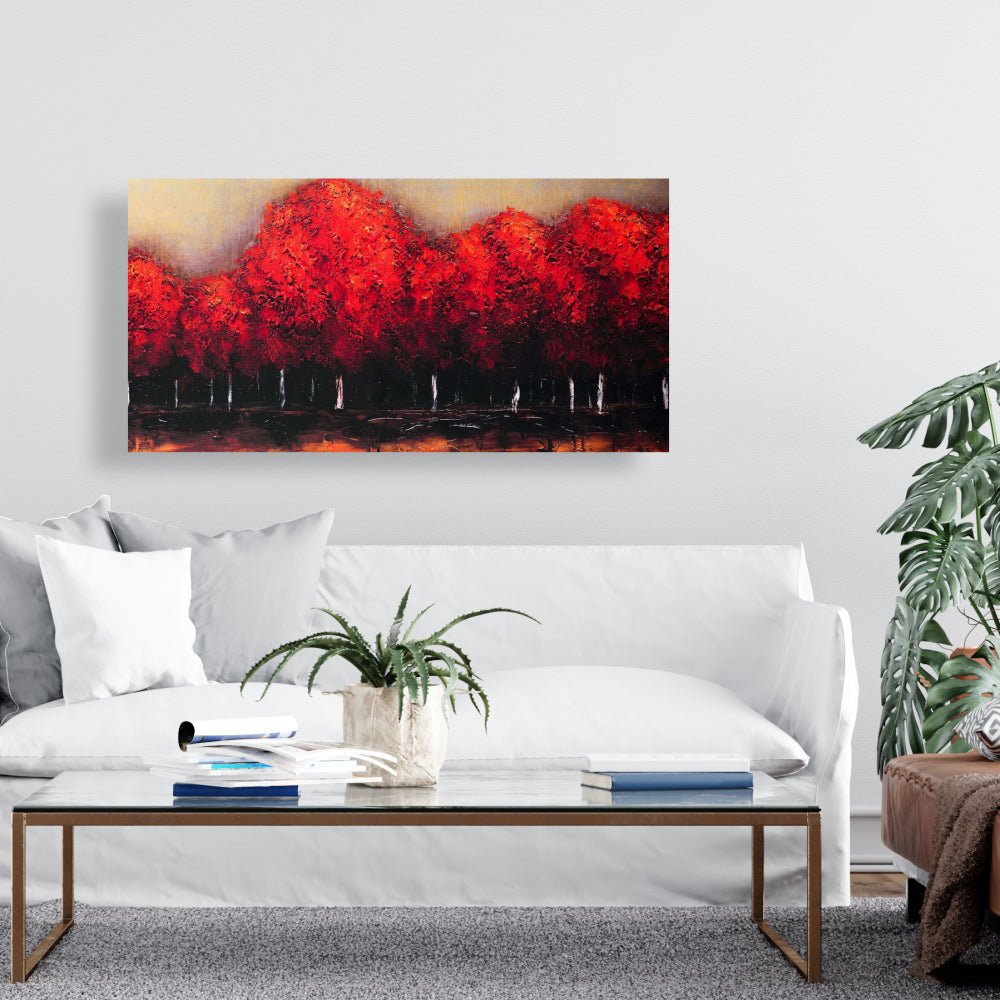 Red Dark Trees Canvas - Modern Bedroom Wall Art Decor