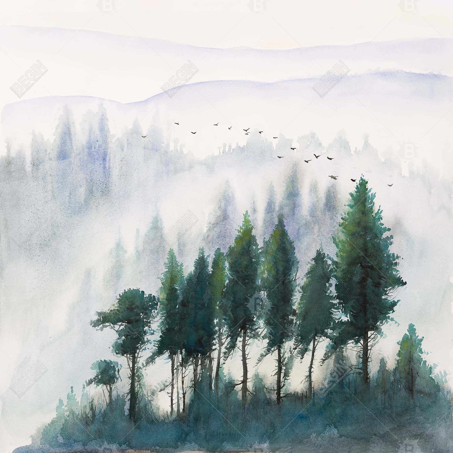 Mountains Landscape Gray Trees Canvas | Watercolor Home Decor