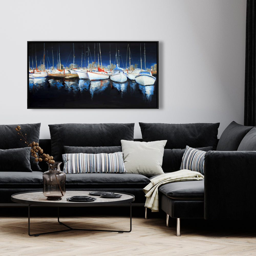 Blue Coastal Bedroom Canvas | Evening at the Marina Framed Art
