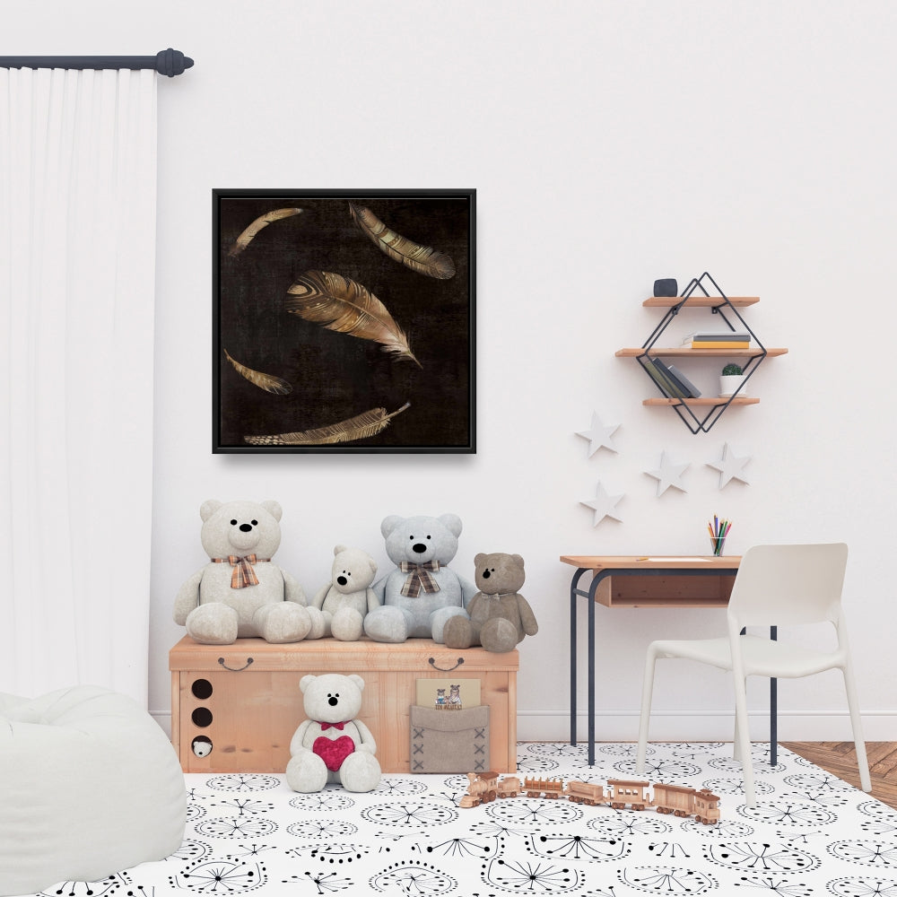 Toile encadrée Plumes dorées - Décoration de salon cosy