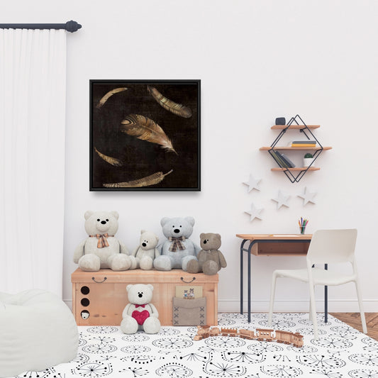 Toile encadrée Plumes dorées - Décoration de salon cosy