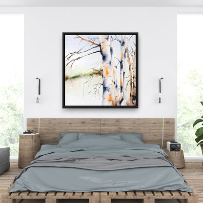 Blue Illustrative Birch Trunks Framed Canvas - Bedroom Decor