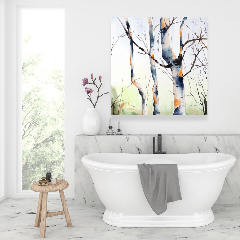 Three Small Birch Trees - Blue Landscape Canvas for Home Decor