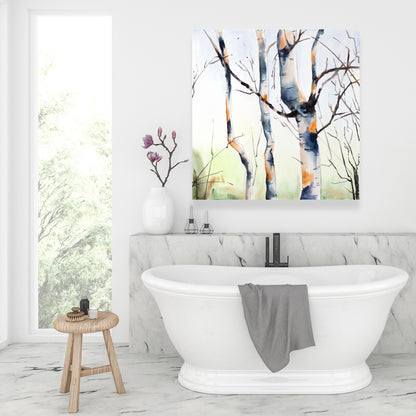 Three Small Birch Trees - Blue Landscape Canvas for Home Decor