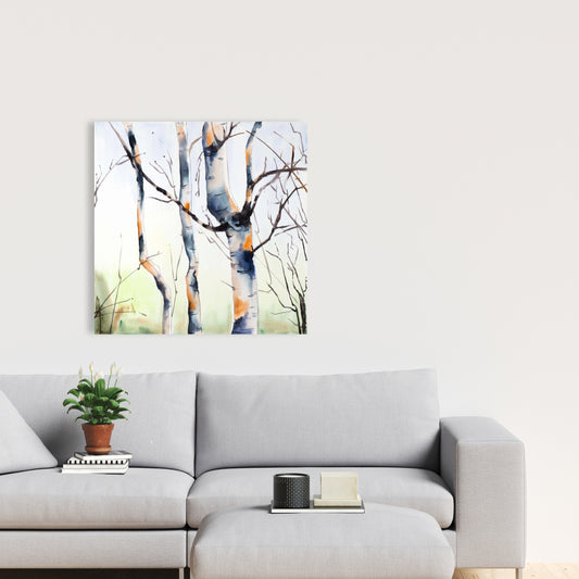 Three Small Birch Trees - Blue Landscape Canvas for Home Decor