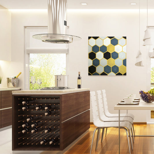 Toile de chambre à coucher avec formes de cellules bleues et dorées - Décoration d'intérieur