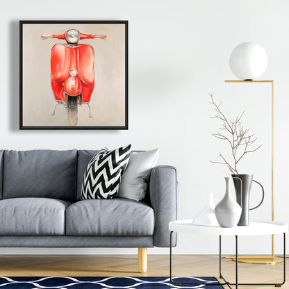 Small Red Moped Canvas | Red Transportation Motorcycle Art