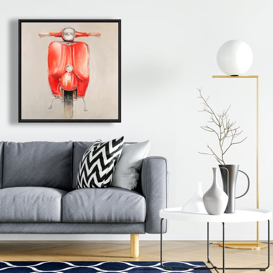 Small Red Moped Canvas | Red Transportation Motorcycle Art