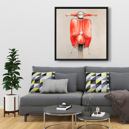 Small Red Moped Canvas | Red Transportation Motorcycle Art