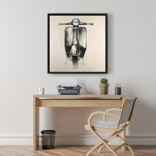 Small Black Moped Gray Framed Canvas | Bedroom Wall Decor