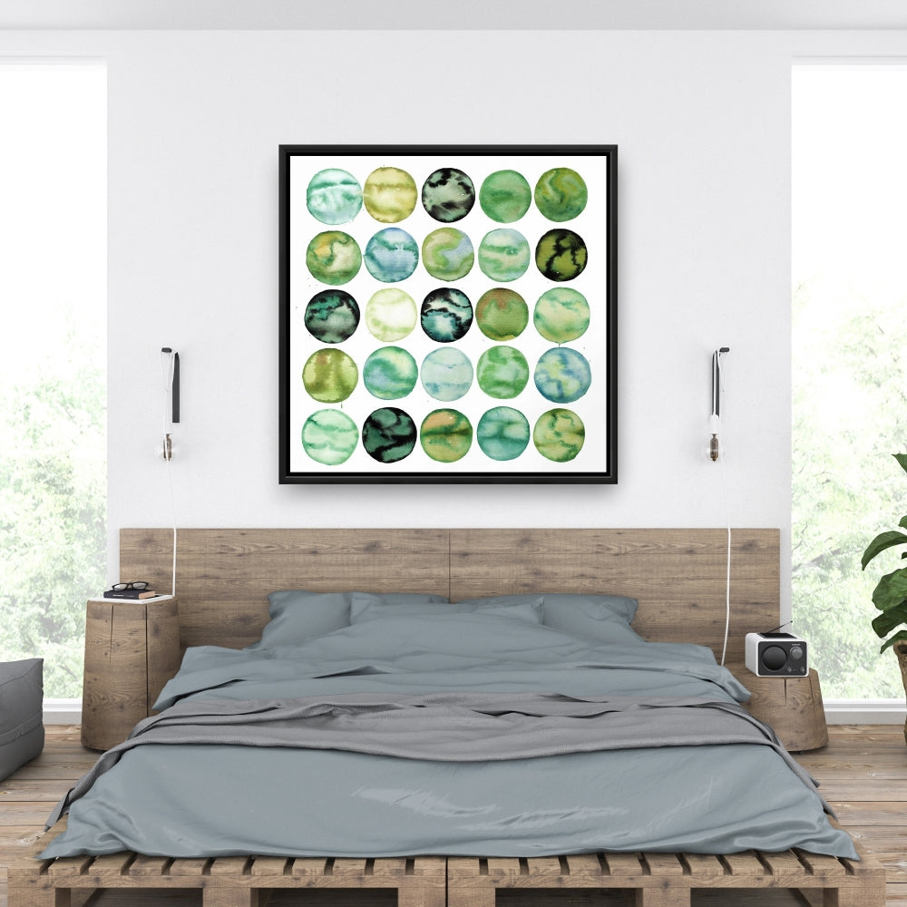 Toile encadrée minimaliste Cercles verts – Décoration de chambre à coucher