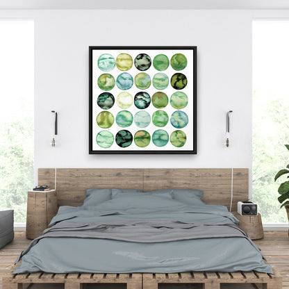 Toile encadrée minimaliste Cercles verts – Décoration de chambre à coucher