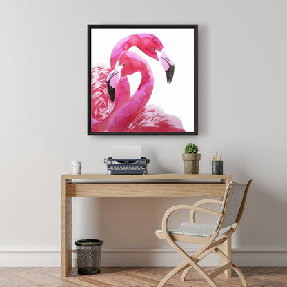 Aquarelle Flamingo Love - Toile encadrée avec oiseau rose