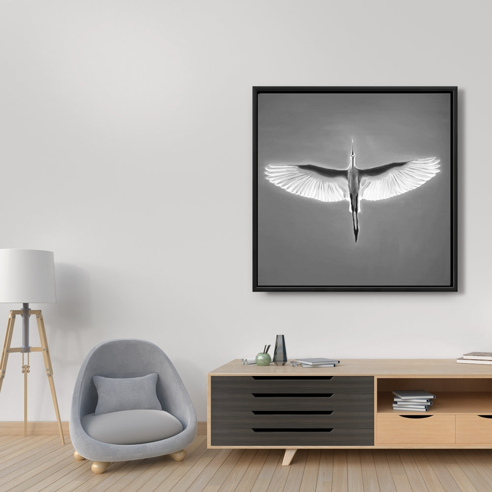 Grand héron bleu en vol – Décoration d'intérieur sur toile avec oiseau blanc