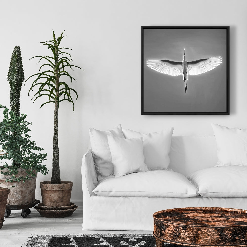 Grand héron bleu en vol – Décoration d'intérieur sur toile avec oiseau blanc