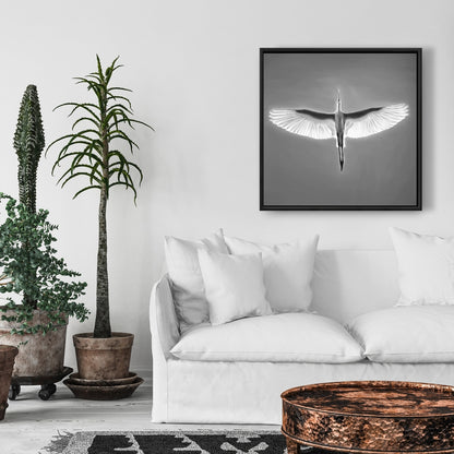 Grand héron bleu en vol – Décoration d'intérieur sur toile avec oiseau blanc