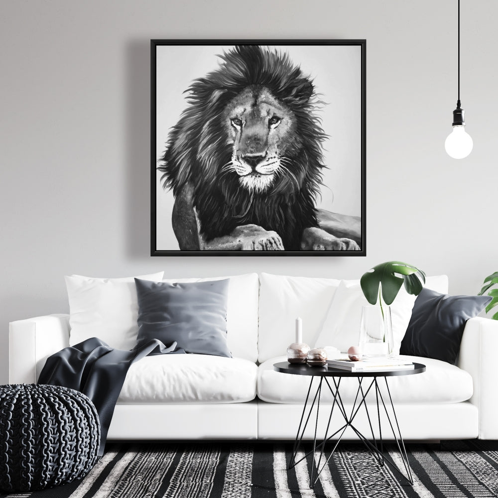 Toile encadrée Le Roi Lion - Cadre blanc - Décoration d'intérieur féline