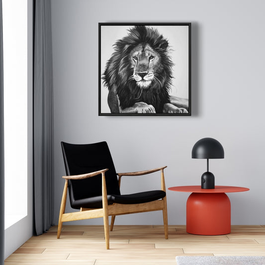 Toile encadrée Le Roi Lion - Cadre blanc - Décoration d'intérieur féline