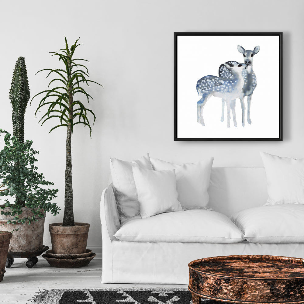 Blue Fawns Love - Blue Framed Canvas for Animal Bedroom Decor