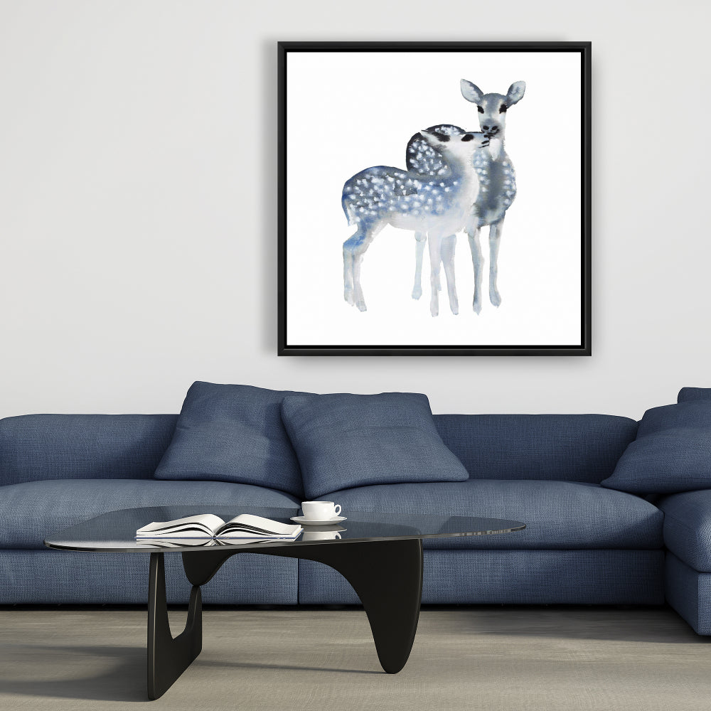 Blue Fawns Love - Blue Framed Canvas for Animal Bedroom Decor