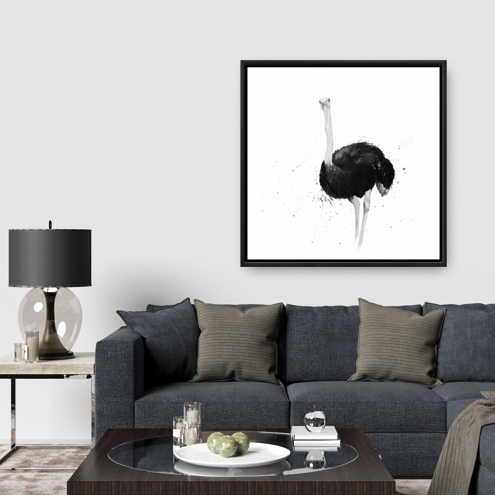 Ostrich in Watercolor | Bird Gray Exotic Framed Canvas Decor