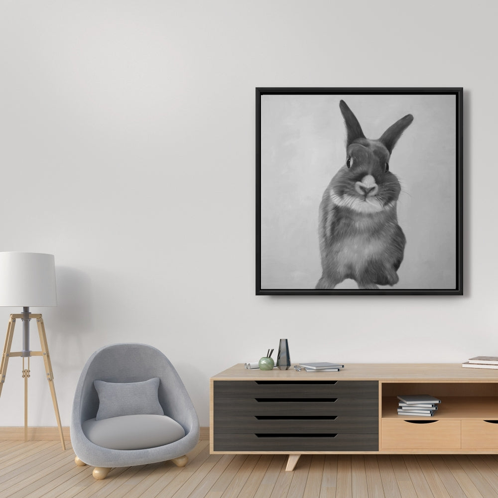 Toile « Lapin gris amusant » | Décoration monochrome pour chambre blanche