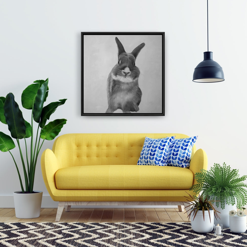 Toile « Lapin gris amusant » | Décoration monochrome pour chambre blanche
